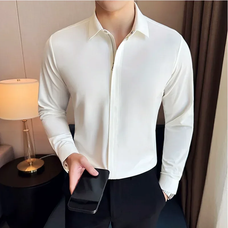 

Fashion Zipper Design Men's Shirt High Quality Long Sleeved Traceless Elastic Shirts Formal Slim Fit Casual Social Party Tuxedo