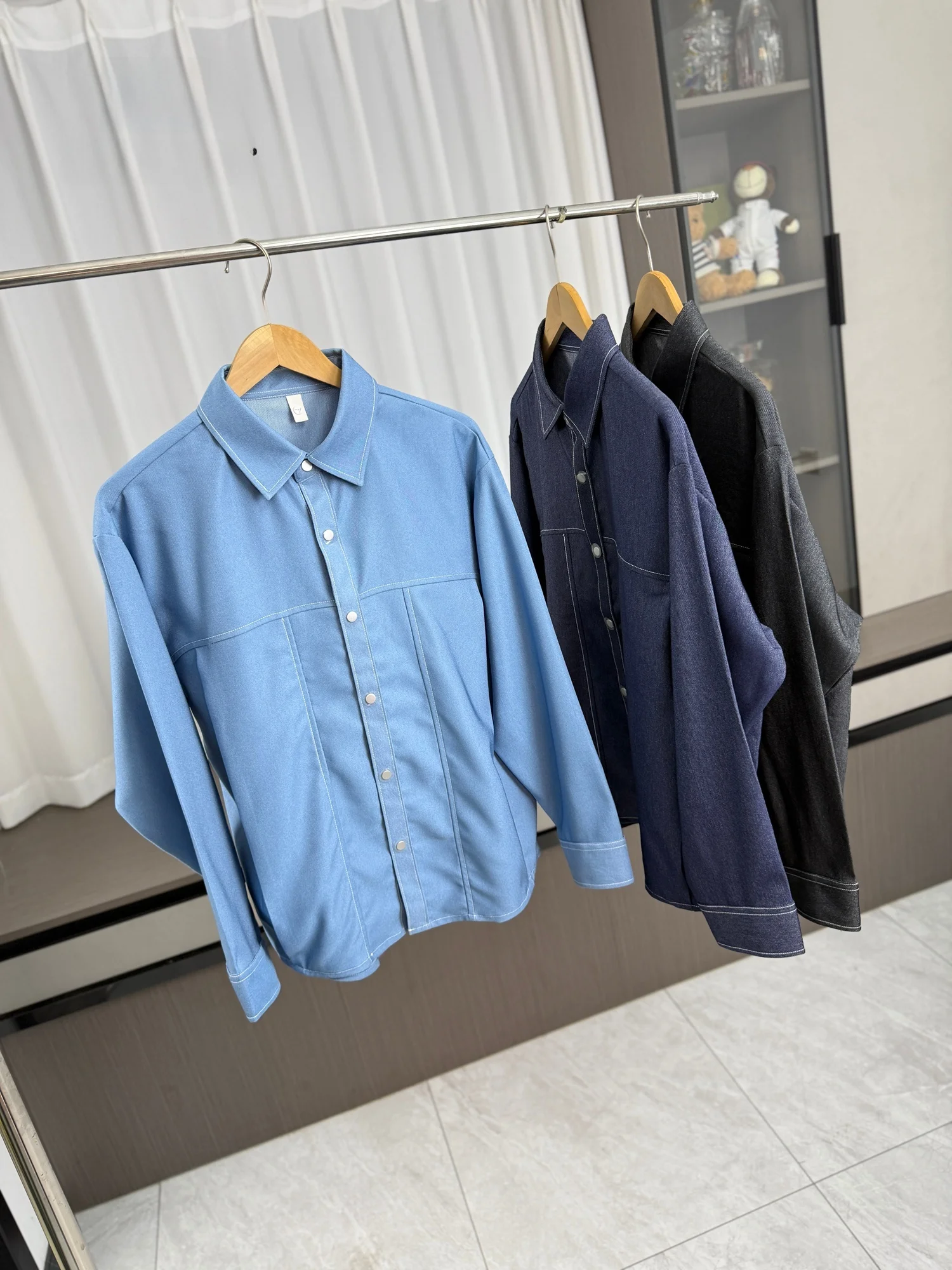 

Retro Feel Worn Resistant Casual Sle Men's irt Spring Comfortable Long Sve Stand Fit Faion Urban Leisure Denim Look