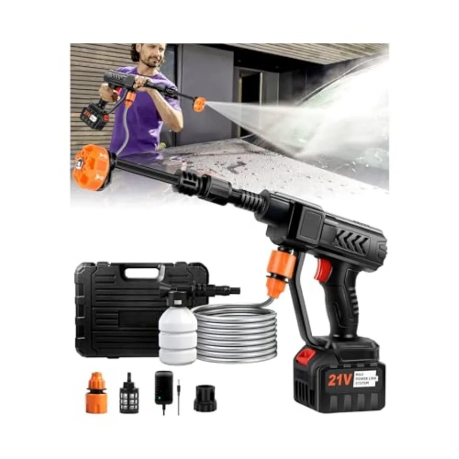 

Cordless Car Cleaning Tool, Portable Vehicle Cleaner with 6-in-1 Nozzle, 16.5FT Drain Hose and Foam Cannon, Battery Powered Han