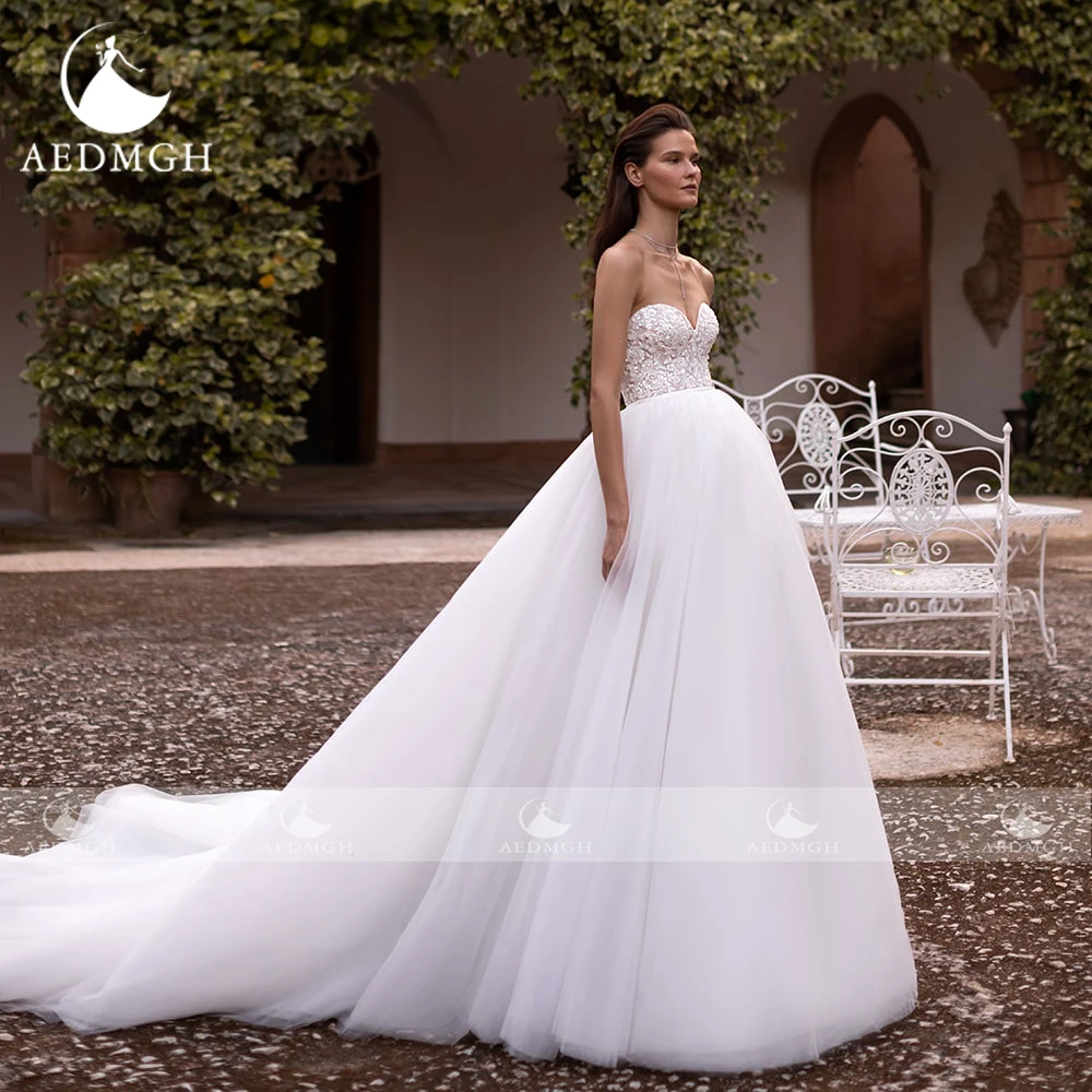 Aedmgh A-Line Chic Wedding Dresses Sweetheart Sleeveless Vestido De Novia Appliques Court Train Elegant Custom Made Bridal Gown