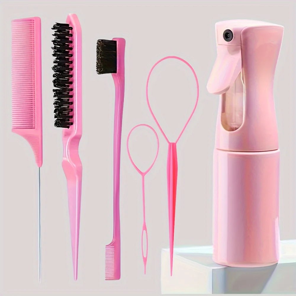 6pcs/Set Hair Brush Set Hairdressing Spray Bottle Hair Braiding Loop Rat Tail Comb Teasing Hair Brsuh Edge Control Hair Brush