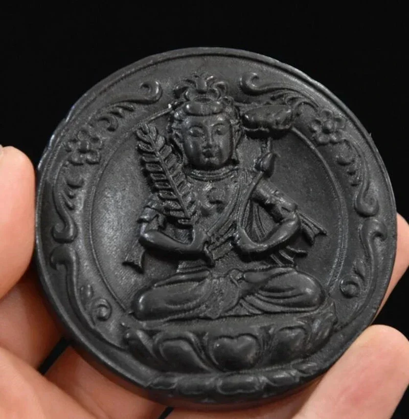 Hongshan Culture Archaize Black Iron Meteorite Void Tibetan Bodhisattva Amulet Pendant Statue