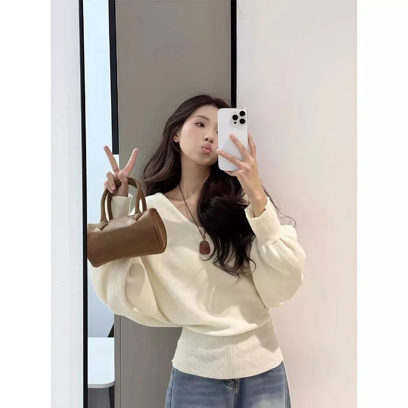 Women Korean Lazy Batwing Sleeve Knit Sweater V Neck Tie Design Loose Soft Top