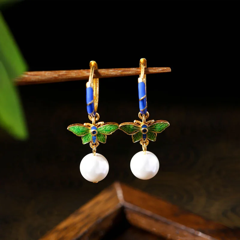 Ethnic Chinese Butterfly Flower Shape Earrings for Women Jade Bead Pearl Pendant Luxury Palace Jewelry Vintage Design Charm Gift