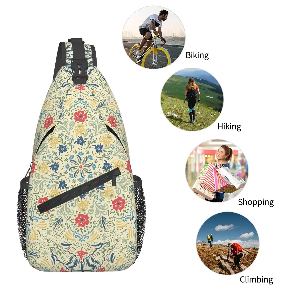 

Floral Gold Mandala Chest Bag Men Sling Crossbody Backpack Chest Bag Traveling Hiking Daypack Shoulder Bag