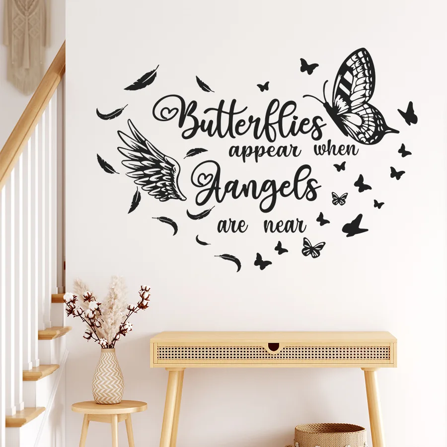 Autocollant mural en vinyle avec ailes d'ange et papillon, stickers artistiques, citations inspirantes noires, pour chambre de fille, salon, bureau, décoration de la maison