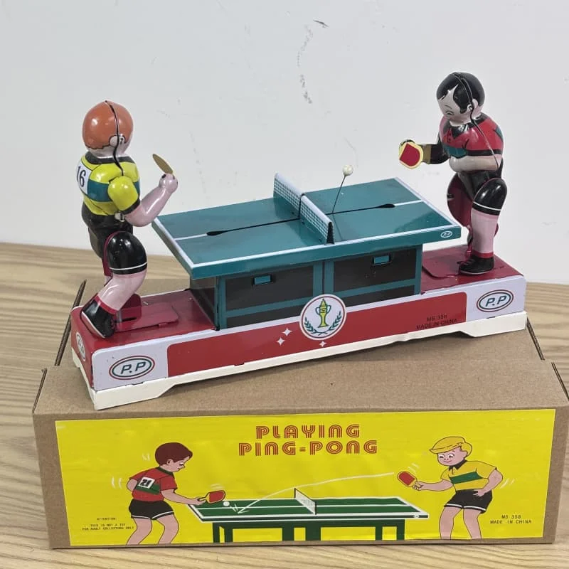 [Funny] Adult Collection Retro Wind Up Toy Metal Tin Playing Ping Pong Athletes Mechanical Clockwork Toy Figures Model Kids Gift