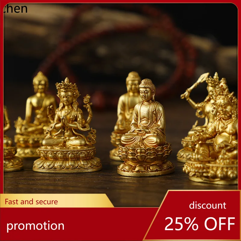 Cz1 brass golden mini portable buddha figurines - shakyamuni, yellow wealth deity, manjushri, four-armed guanyin