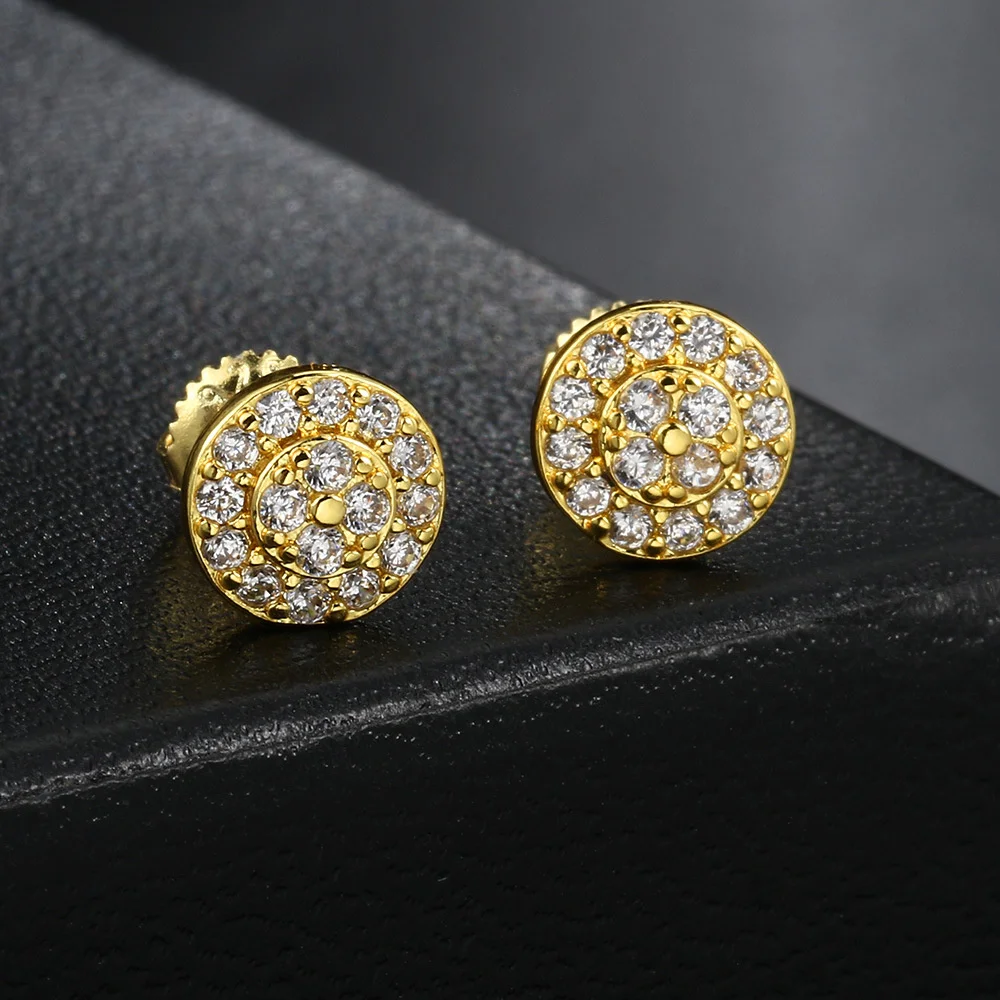 Male HipHop Full White Zircon Round Stud Earrings For Men Women Antique Gold Silver Color Small Screw Back Earring Party Jewelry