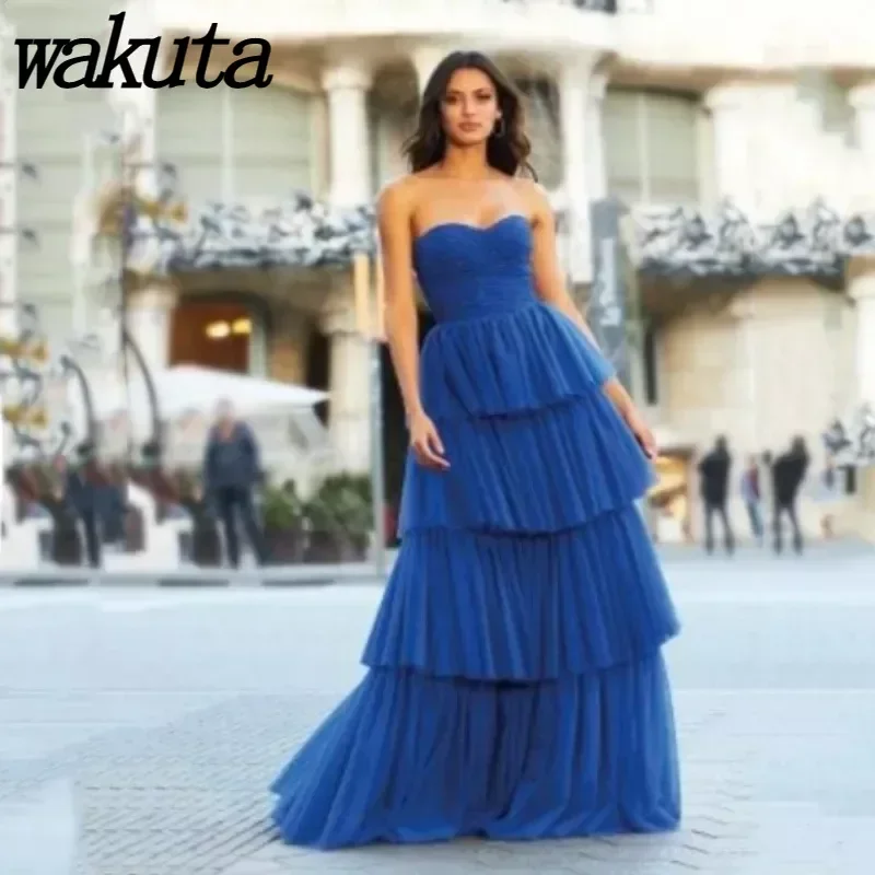 Wakuta Luxury Strapless Prom Dresses Blue Chiffion Evening Gown Tulle Layered A-line Graduation Ceremony Vestido Elegante Mujer