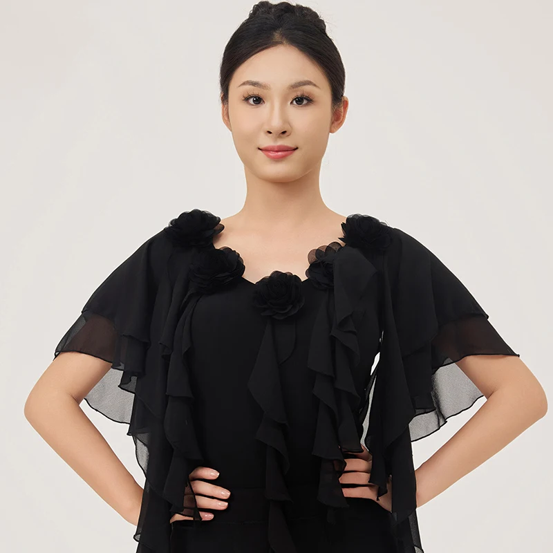 2025 大人モダンダンスパフォーマンス服メッシュフラワートップ女性のためのワルツタンゴラテン社交ダンス衣装着用 DN22393