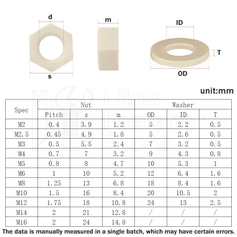 PEEK Hexagon Nut & Flat Washer Gasket M2 M2.5 M3 M4 M5 M6 M8 M10 M12 M14 M16 High-strength High-temperature Resistant Insulation