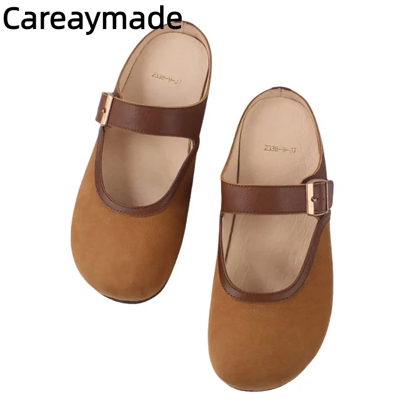 

Careaymade-Genuine leather women's slippers, soft soles with shallow mouth Boken handmade shoes will be worn outside slippers