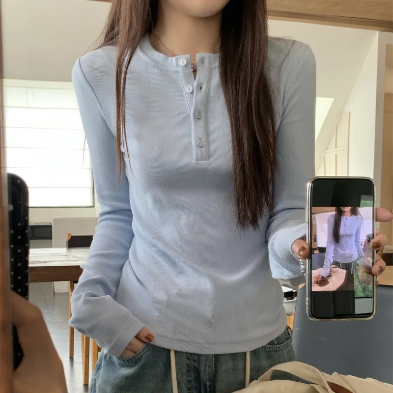 

Button Front Shoulder Top Women Slim Fit Sexy Long Sleeve Tshirt Layering Basic