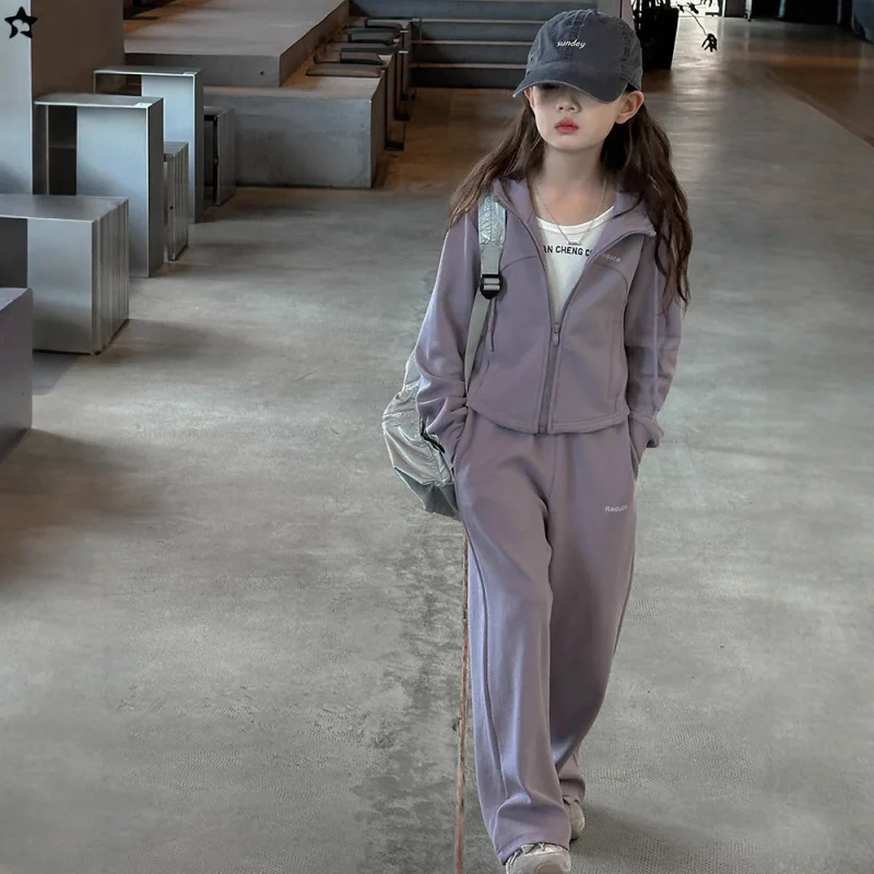 

Осенний детский спортивный костюм для девочек с принтом букв, однотонные школьные комплекты из 2 предметов для девочек, пальто с капюшоном + спортивные штаны с эластичной резинкой на талии, костюм для девочек от 4 до 14 лет