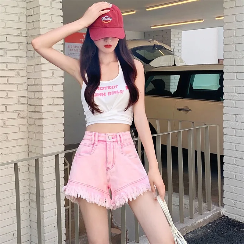 High Waist Thin Denim Shorts Women's Summer Outerwear A-Line Hot Pants Pink Super Short Jeans Skinnies for Young Adults