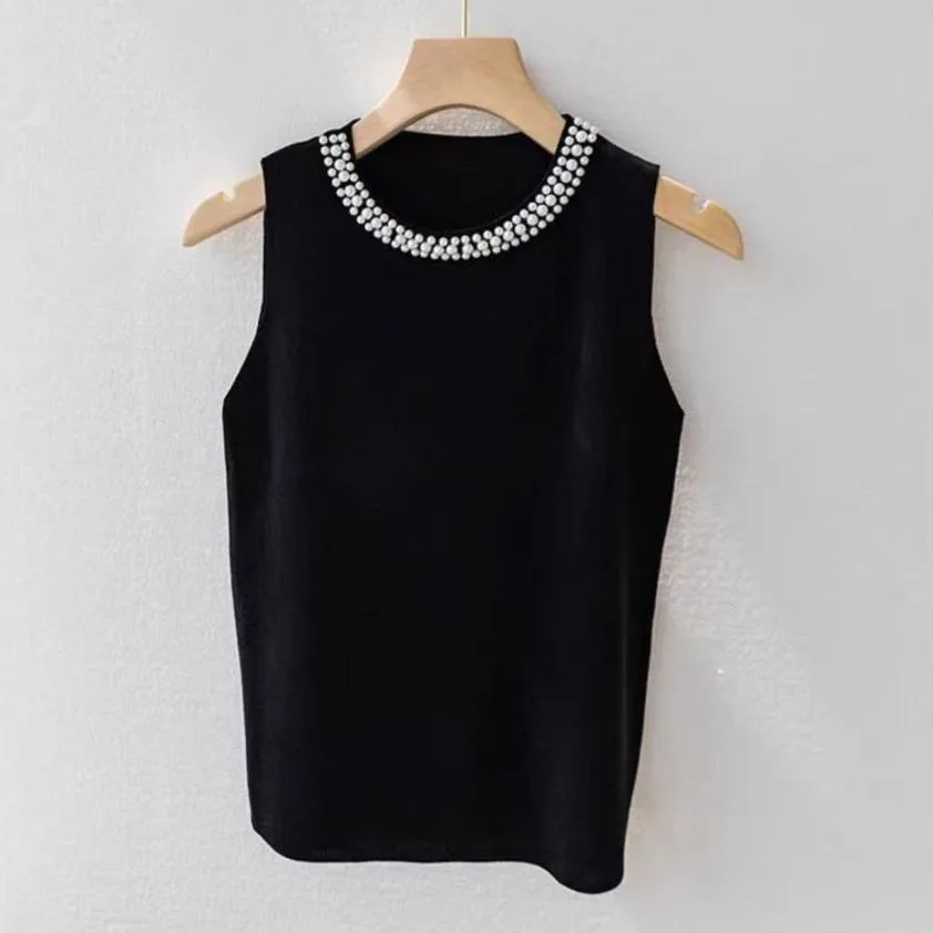 Women Knit Tank Top Sleeveless O Neck Korean Fashion Summer Sweater Solid Beading Pearl Casual Thin Female Pullover Knitwear