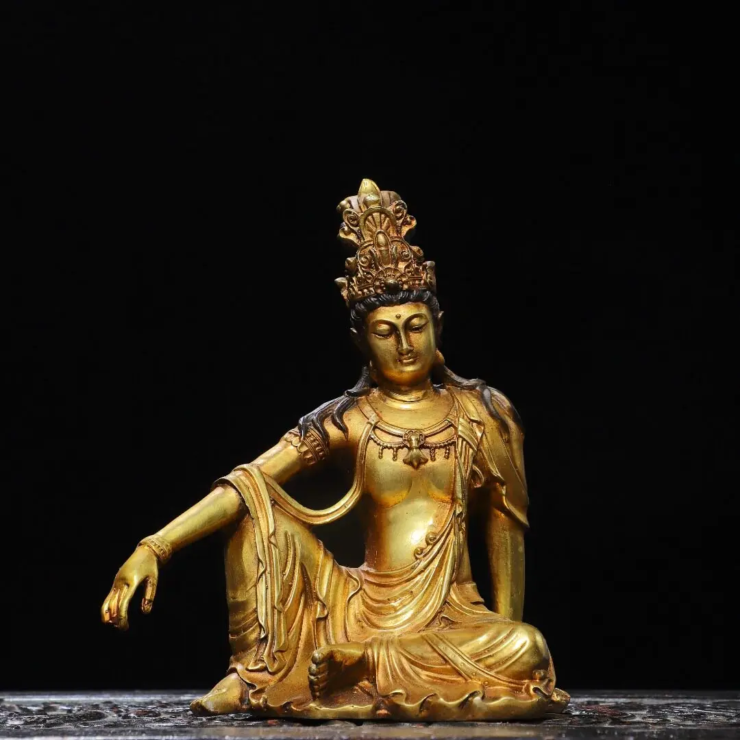 South Sea Zizai Guanyin Bodhisattva Pure Brass Gilded Statue Home Temple Desk Decor Antique Gift