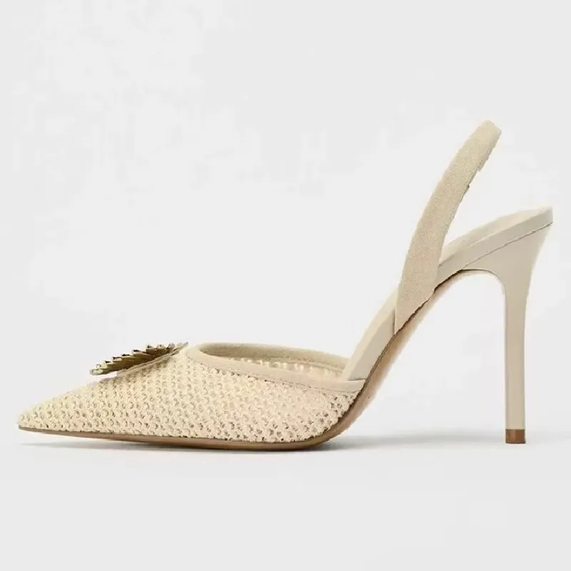 

Weave Mesh Metal Decoration High Heels Sandals for Women 2026 New Sexy Brand Pointed Toe Pumps Banquet Wedding Dress Shoes
