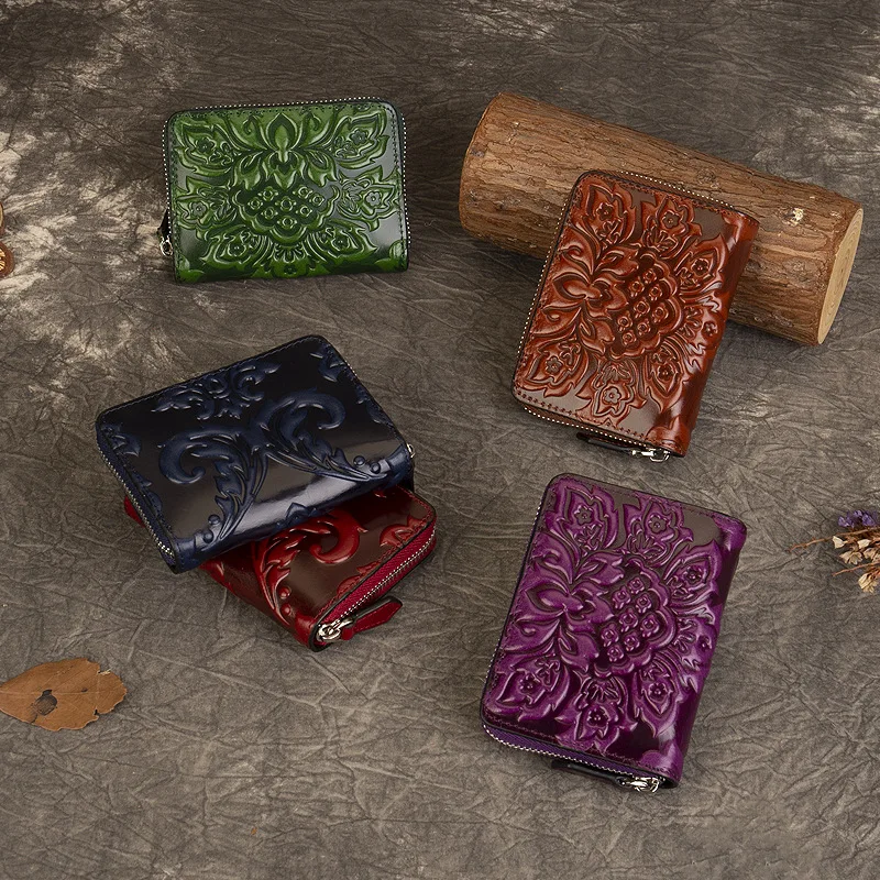 

Genuine Leather Retro Girl's Wallet Long Hand Bag Women's money clip Embossed Floral ticket clip Chinses Style Ladies Wallet