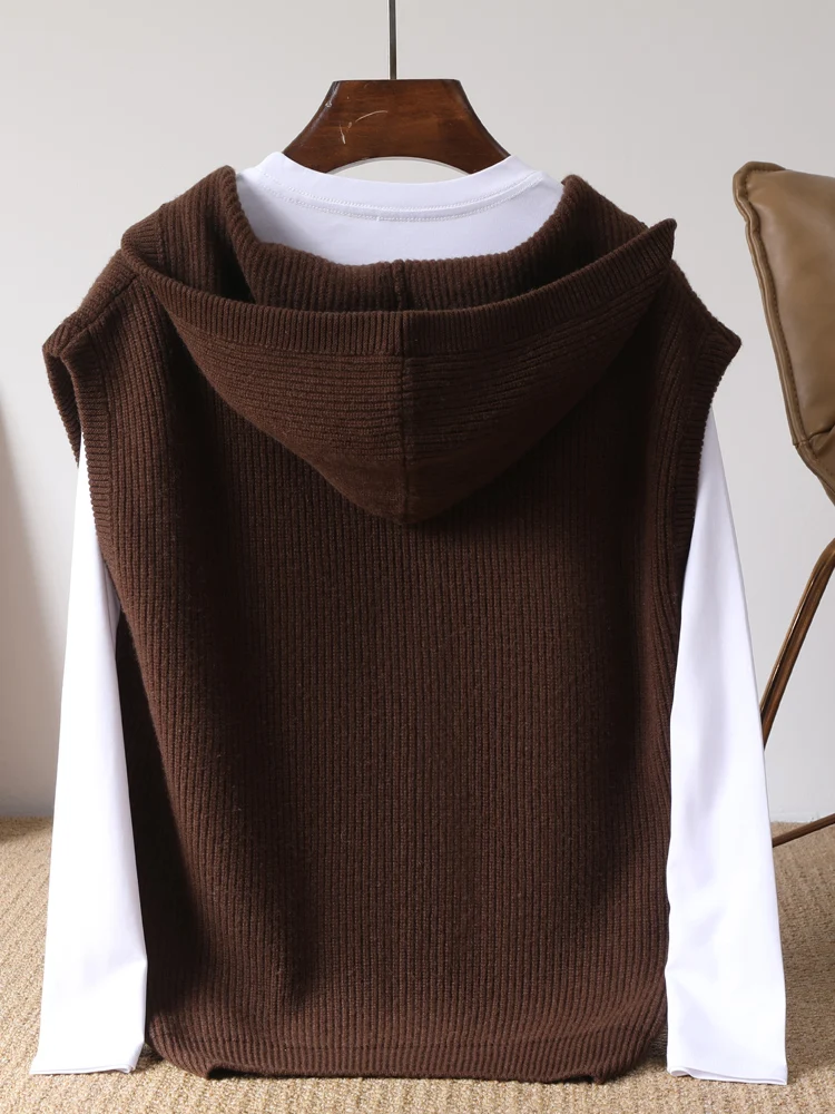 2025 New Fashion Hooded Cardigan Sweater Man Vest Slim Fit Jumpers Knitwear Sleeveless Winter Pure Wool Casual Clothing Men