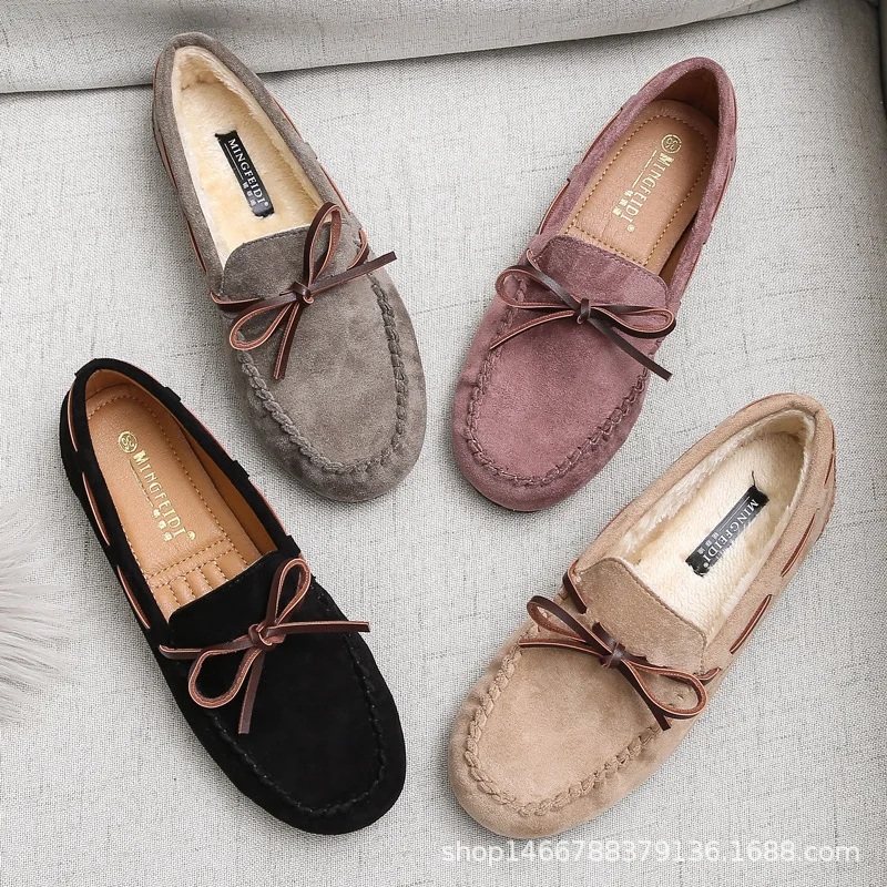 Autumn Winter Shoes Women Flat Shoes Casual Fur Loafers Slip On Women\'s Suede Flats Shoes Moccasins Lady butterfly-knot Shoes