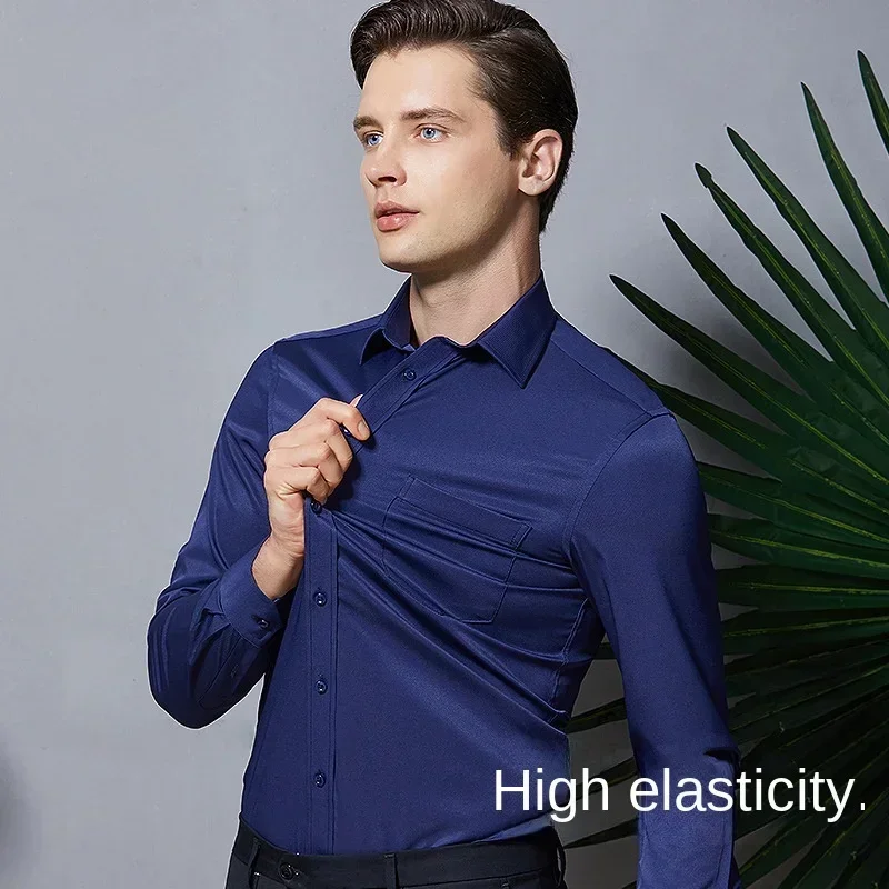 55-105KG Men\'s long sleeved elastic shirt, non ironing business dress, professional work attire, stand up collar shirt