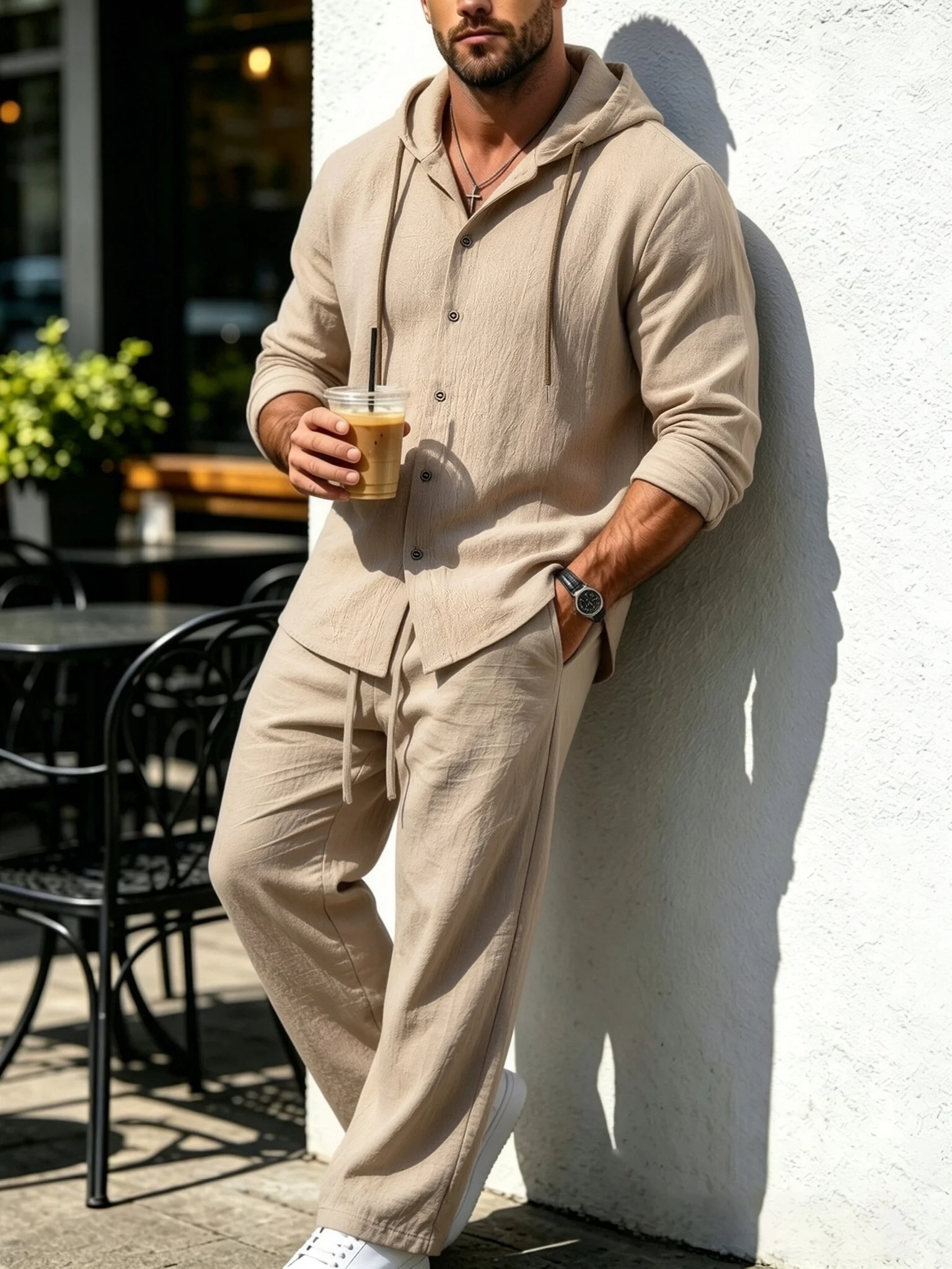 Men's Linen Texture Hooded Button Long Sleeve Shirt & Drawstring Straight Pants 2 Piece Casual Summer Tracksuit