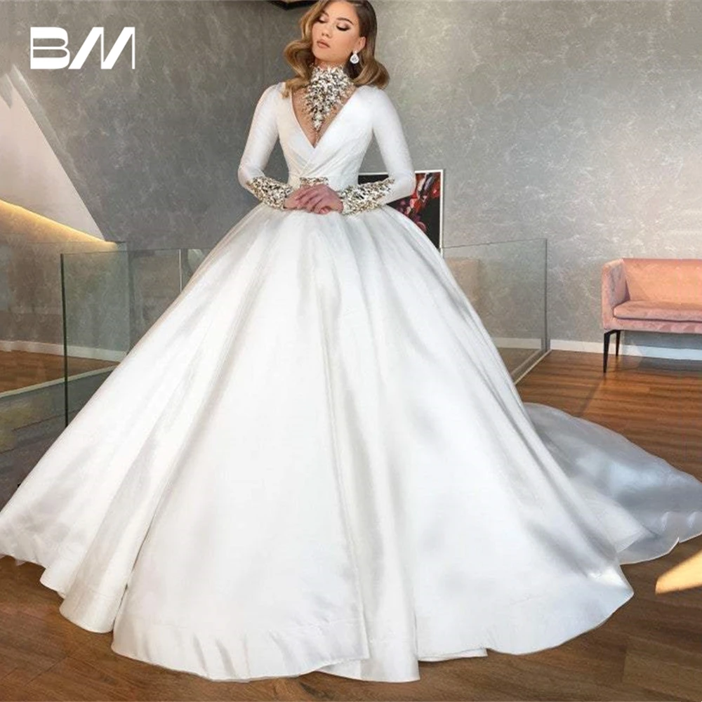 

Customized Breathe Taking Satin Wedding Dresses for Women Long Sleeves Luxury Beads Crystals V Neck Bride Dress No Neckpiece