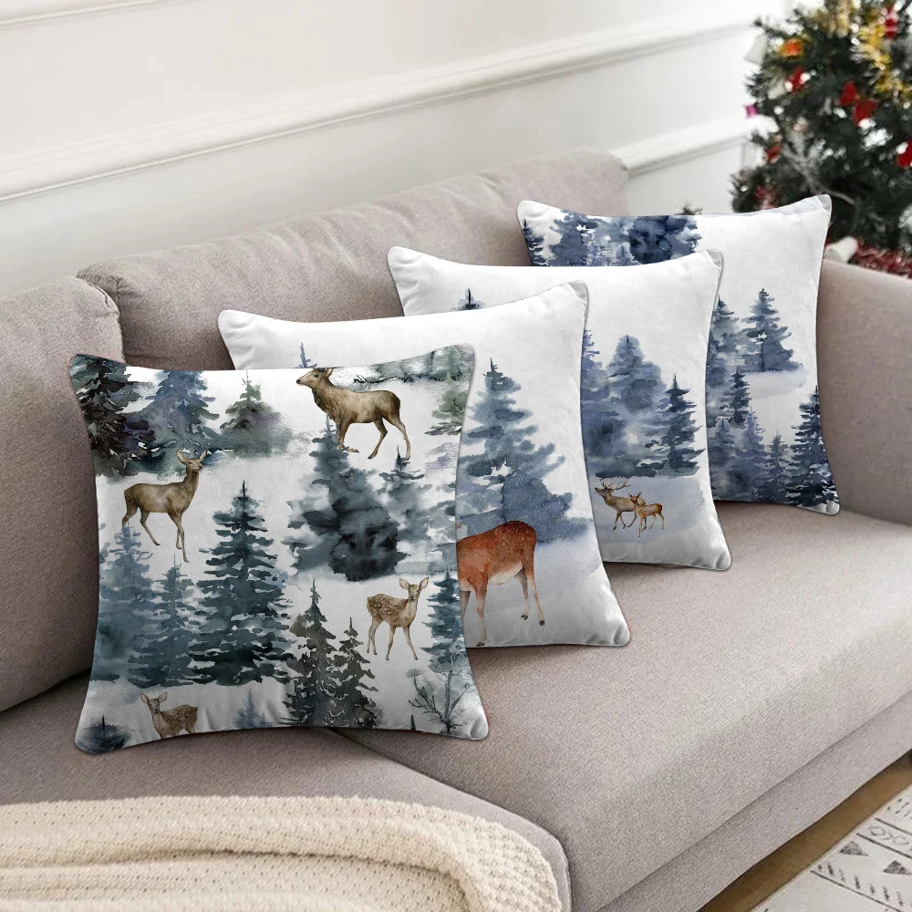 Christmas Pillow Cover Reindeer Cushion Cover 40x40 Chalet & Winter Pine Trees Themed Double Sided Short Plush Pillowcase