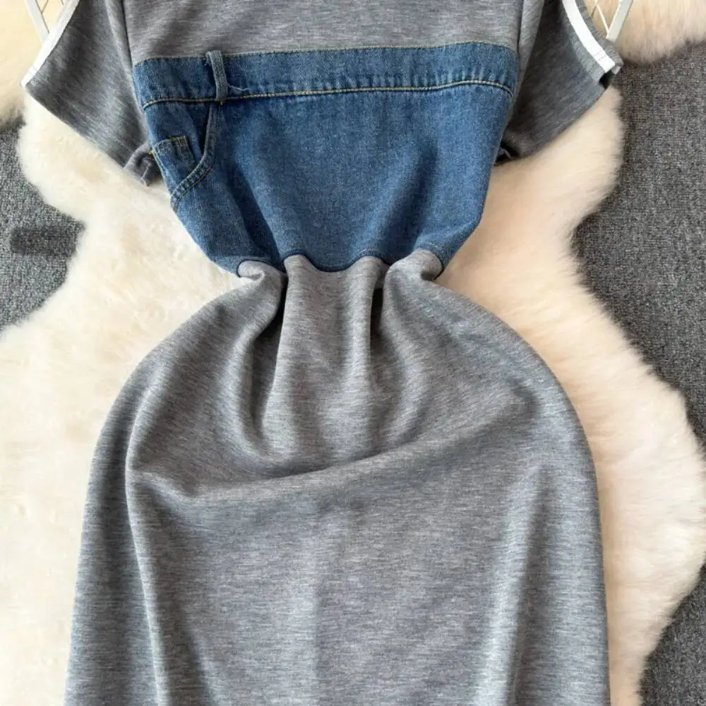 Slim Fit O Neck Half Sleeve Patchwork Dress A-Line Panelled French Style Cowboy Vestidos New Moda Mid-Length Casual Robe