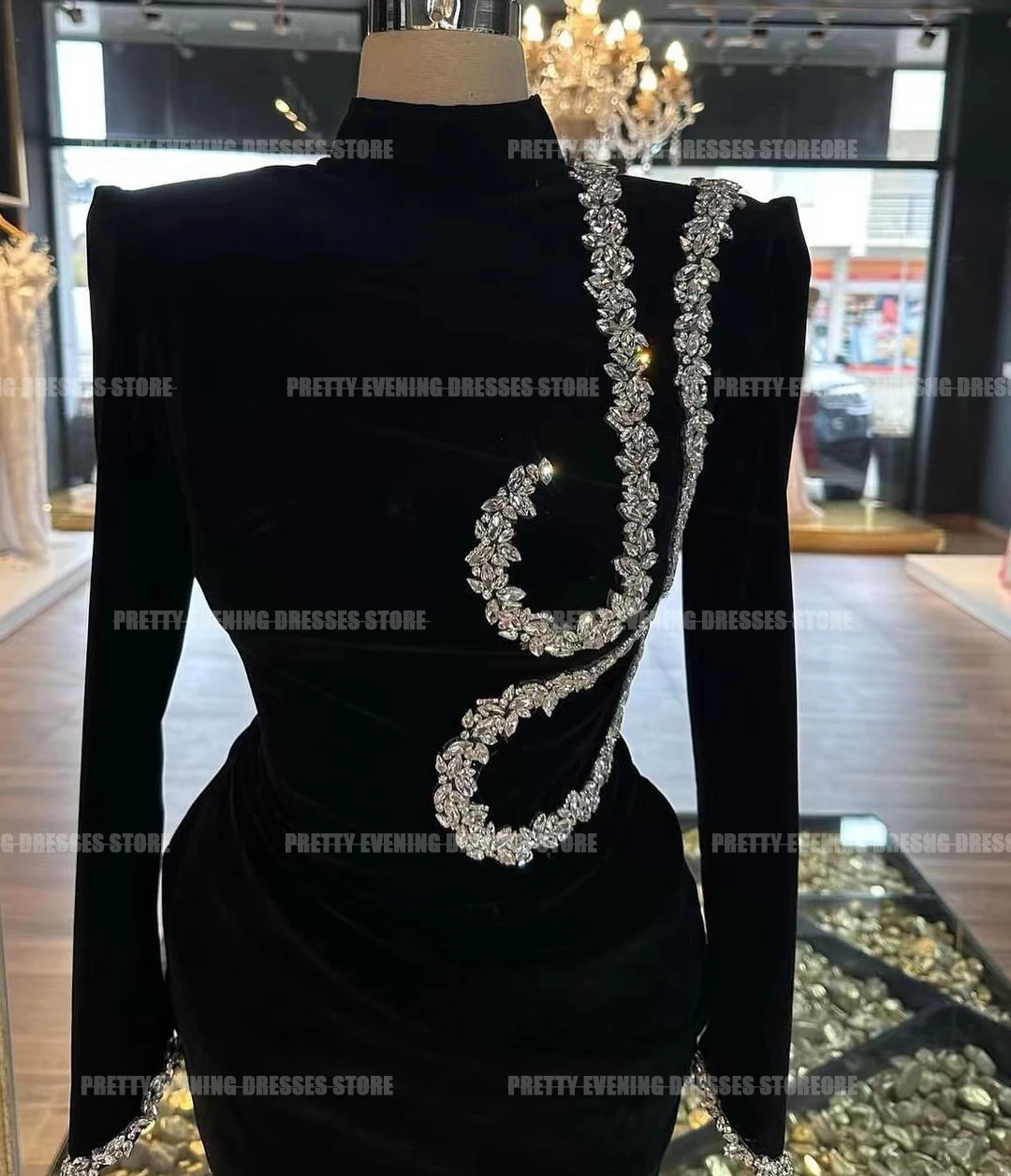 Luxury Evening Dresses High Neck Mermaid Sexy Simple For Woman Beads Party Satin Prom Gowns Formal Long Sleeve Muslim Tea-Length