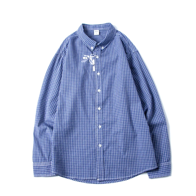 

British Blue Plaid Pure Cotton Long Sleeve Shirt Loose Retro Ameika Casual Shirt Youth Spring Standard Fit Sharp Collar Butto...