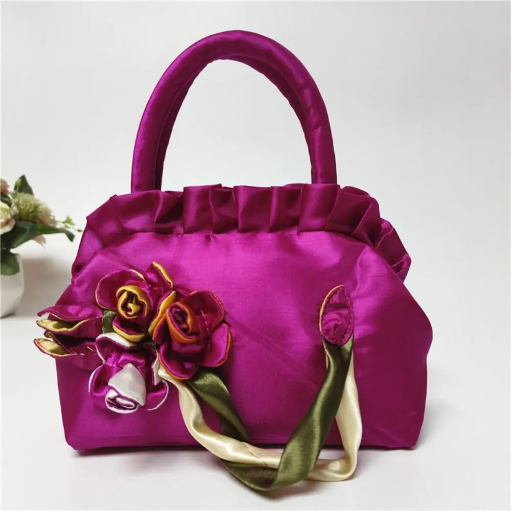 Zipper Satin Silk Ruffle Flower Tote Bag Elegant Retro Rose Flower Handbag Chinese Style Ethnic Style Small Purse Wallet