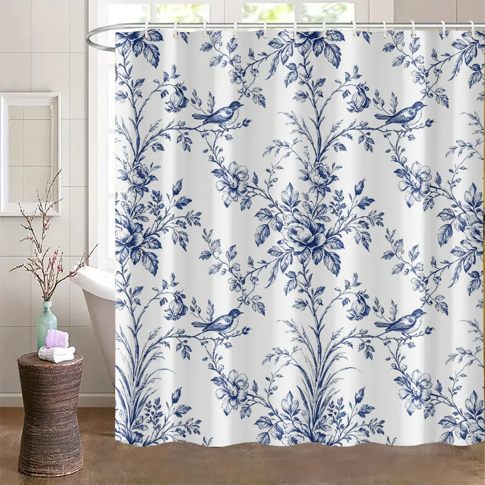 Vintage Blue Willow Pattern Shower Curtain Bathroom Decor Botanical Floral Print Waterproof Shower Curtain Liner