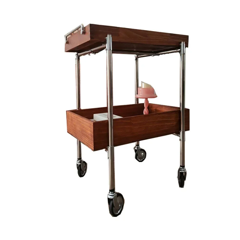 

Medieval stainless steel cherry wood color large storage mobile snack rack bedside table tea exploration cart