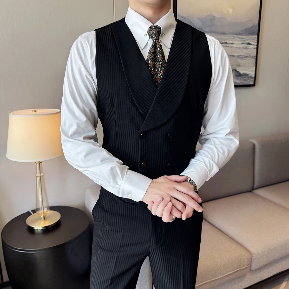 (ベスト + パンツ) 男性高級ストライプダブルブレストデザ - Men'S Grooming Club のレビューと価格
