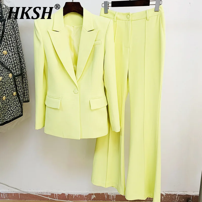 

HKSH Spring Summer New Women's Chic Office Lady Fashion Solid Color Single Button Blazer Long Flared Pants Two-Piece Sets HK5808