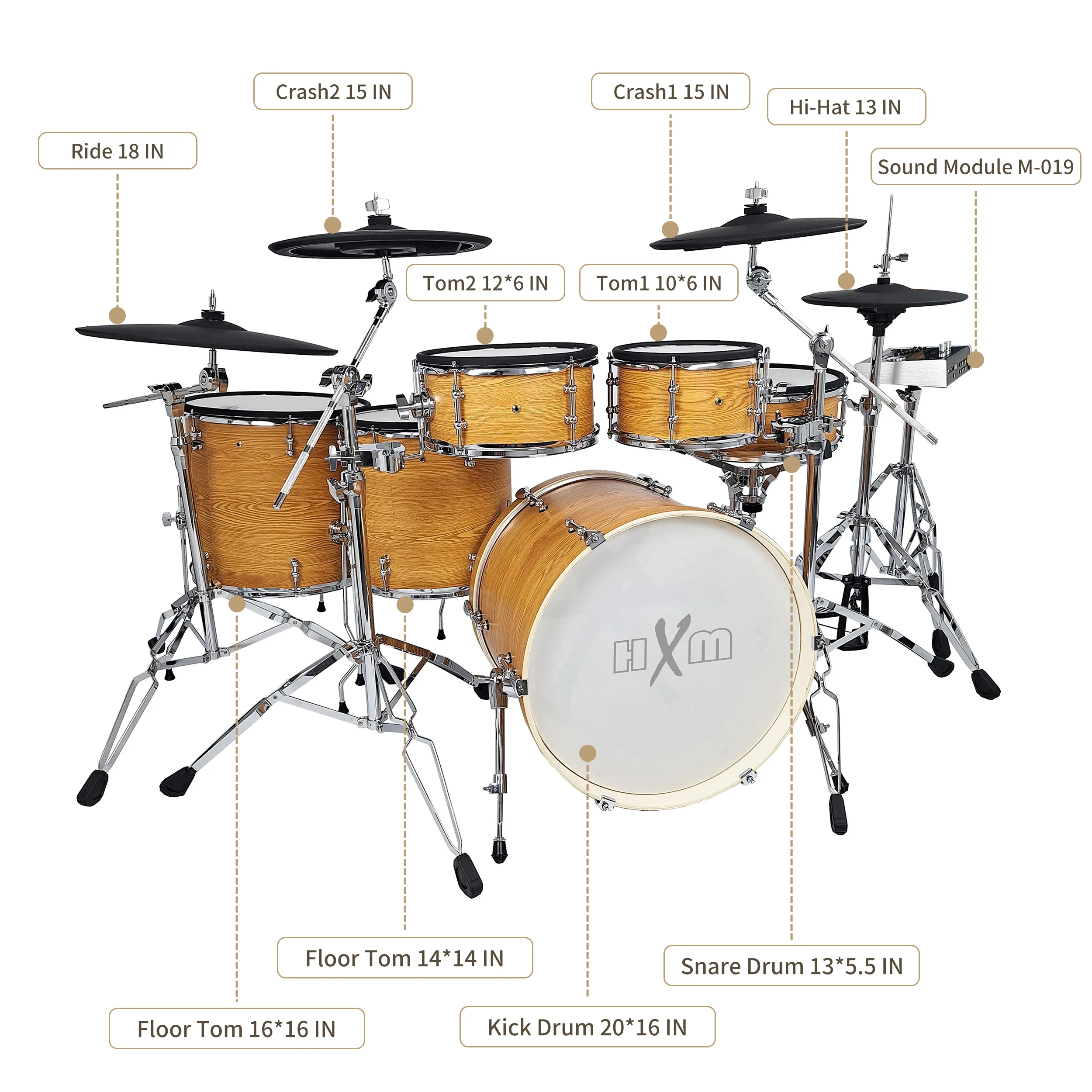 HXM XD-2000D-KM Natural Color Electric Drum Set Rack Tom Attached With Crash Cymbal Stand Electronic Professional Drum Set
