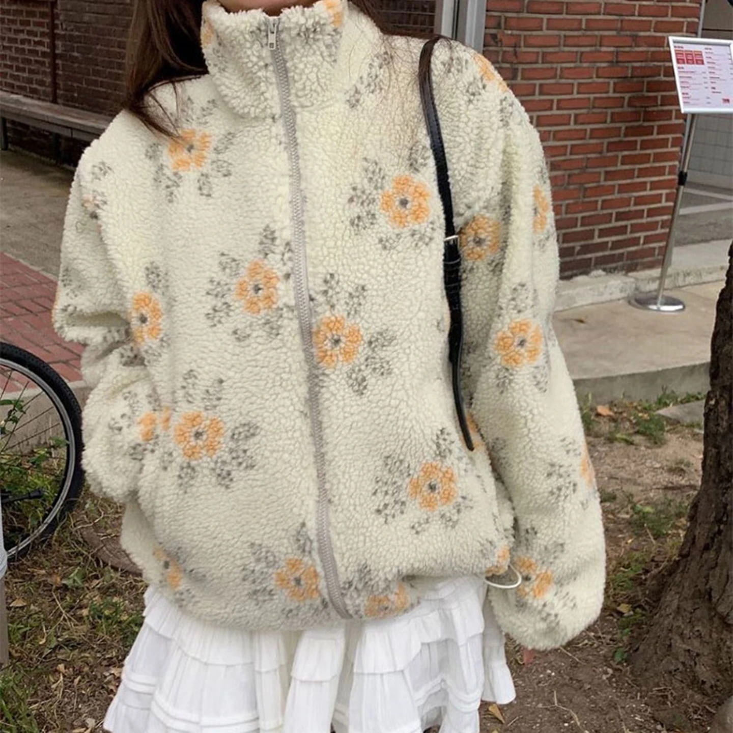 

Ladies Chic Oversized Lamb Fur Jaet Autumn Winter Vintage Aosphere Color Blo Print Warm Long Sve Woolen Coat