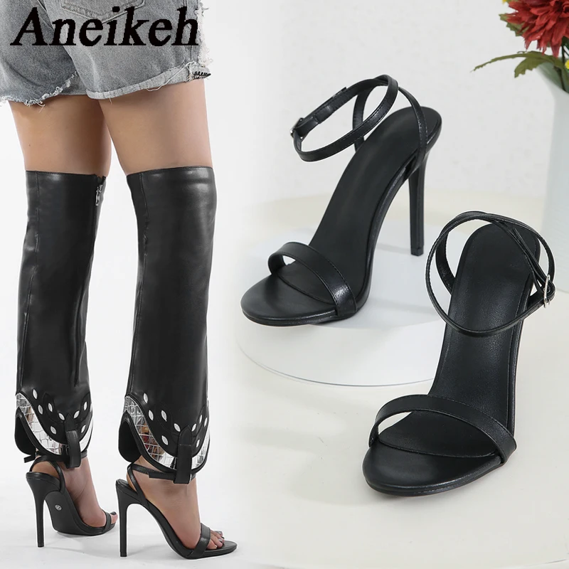

Aneikeh2024 Fashion Thick Round Toe Open Toe ZipperSplicing BootsWomen PU Mixed Colors Sequins Knee-High SandalsBoots(Detachable