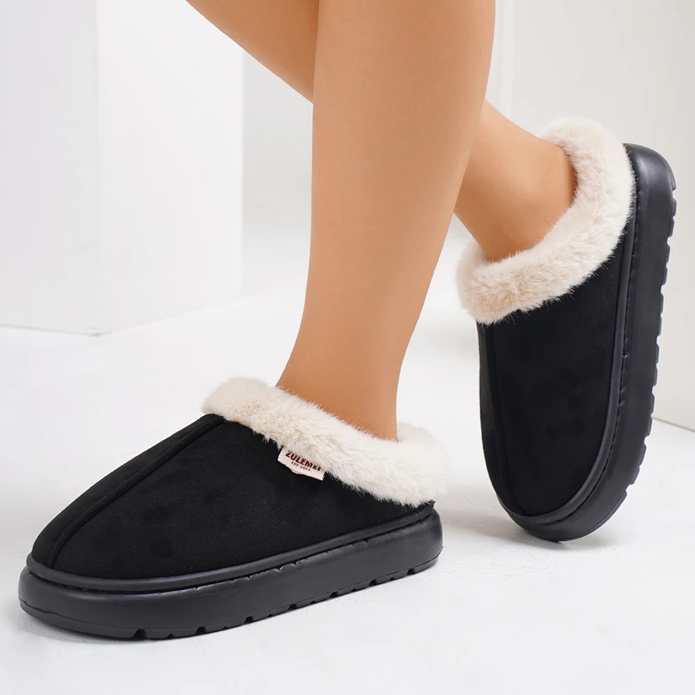 Comwarm Platform Fluffy Slippers Women New Fashion Fuzzy Slippers House Plush Winter Women Shoes Home Cotton Shoes Large Size