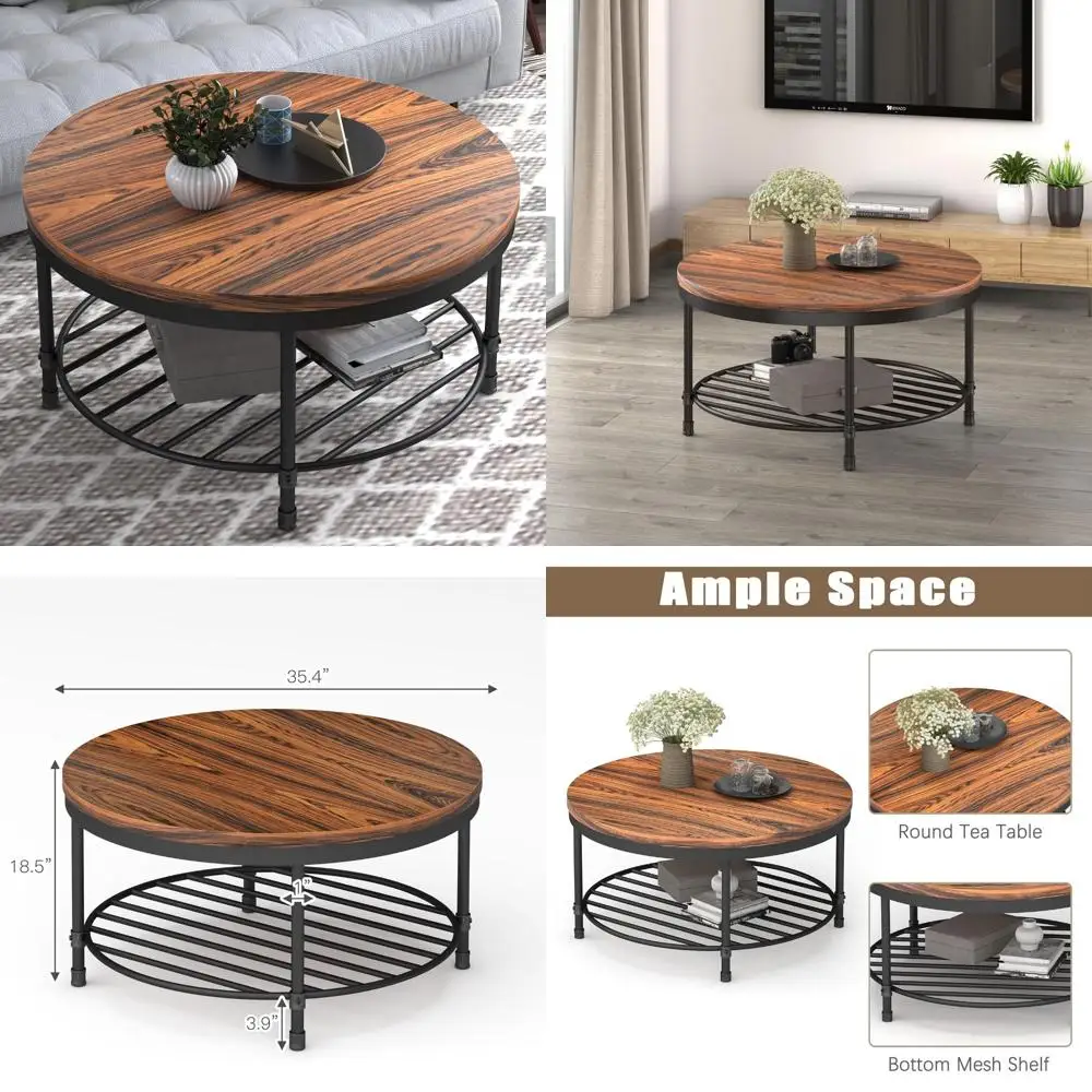 Tavolino da caffè vintage con piano in legno marrone grigio scuro con gambe in metallo e ripiano portaoggetti, alto 18,5 per piccoli spazi