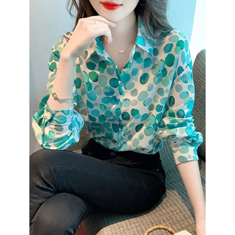 2023 New Spring and Summer Commuter Simple Printed Polo Collar Button Long Sleeve Cardigan Loose Casual Versatile Women\'s Shirt