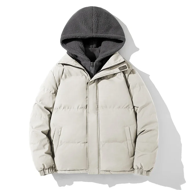 Hooded Spliced Parkas Men Fake Two Pieces Parka Patchwork Outerwear Jackets Loose Zipper Pockets High Street Winter