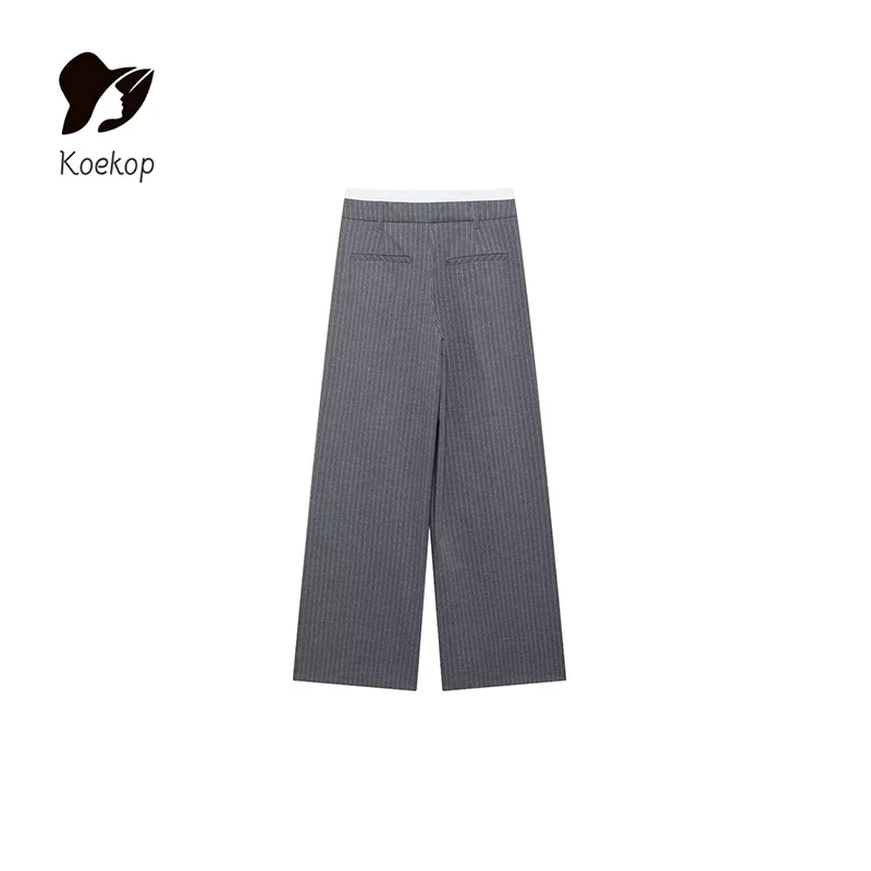 Koekop المرأة الموضة بلون مقلمة شقة الجبهة دعوى السراويل خمر مزاجه عادية شيك سيدة البدلة بنطلون