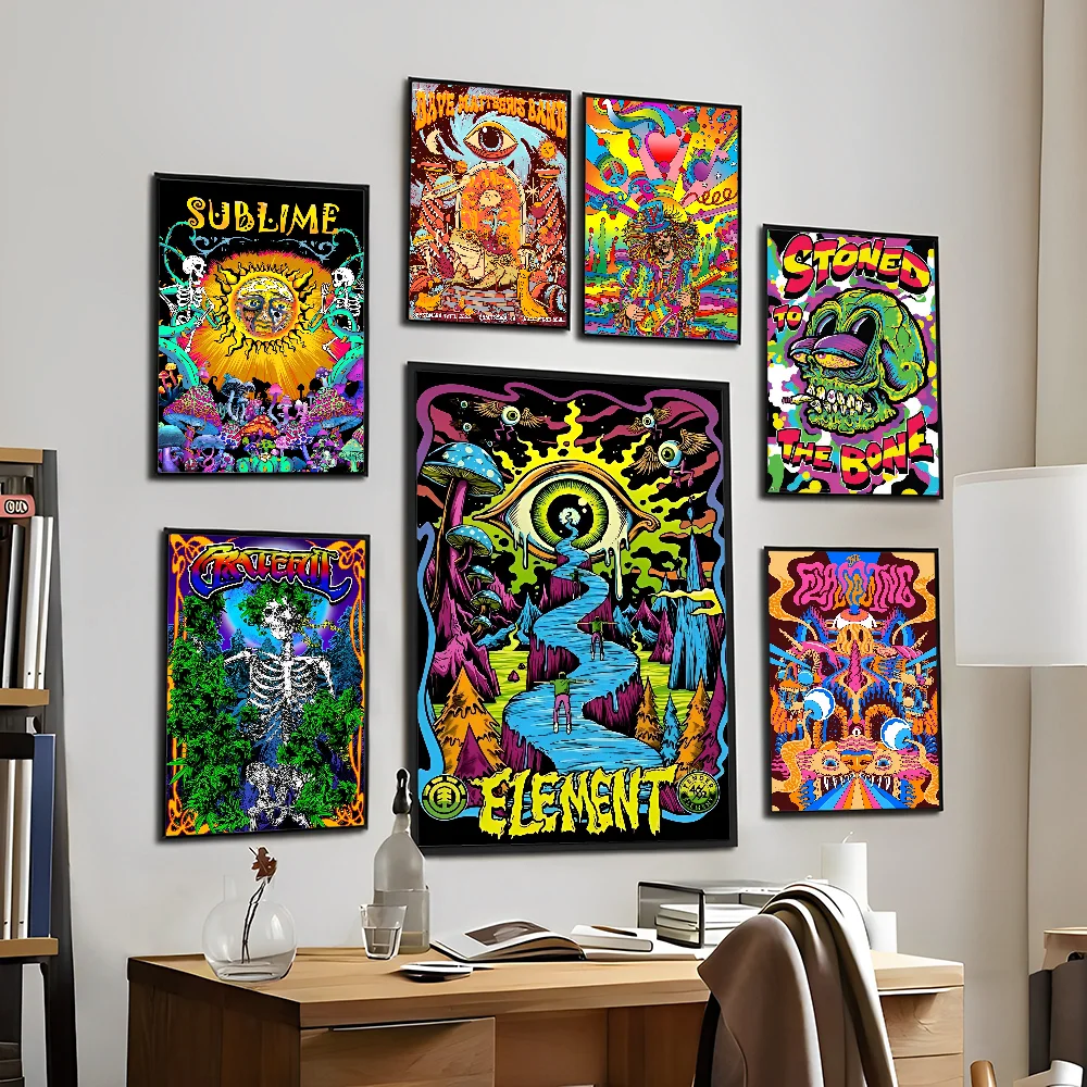 Trippy Skeleton Abstract Psychedelic Mushroom Movie Sticky Posters Whitepaper Sticker DIY Room Bar Cafe Posters Wall Stickers