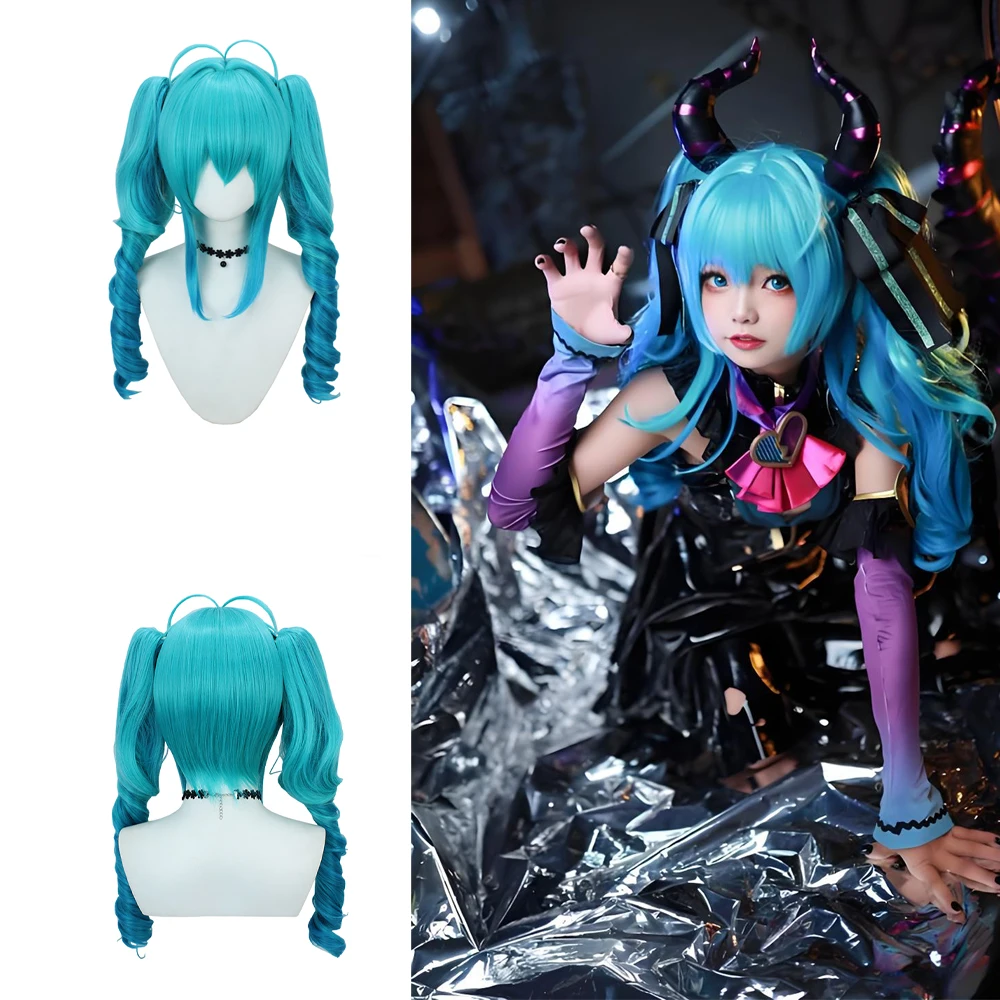 28 pollici di alta qualità Miku Cosplay capelli sintetici spirale doppia coda di cavallo carnevale di Halloween Anime parrucca sfumata blu e blu