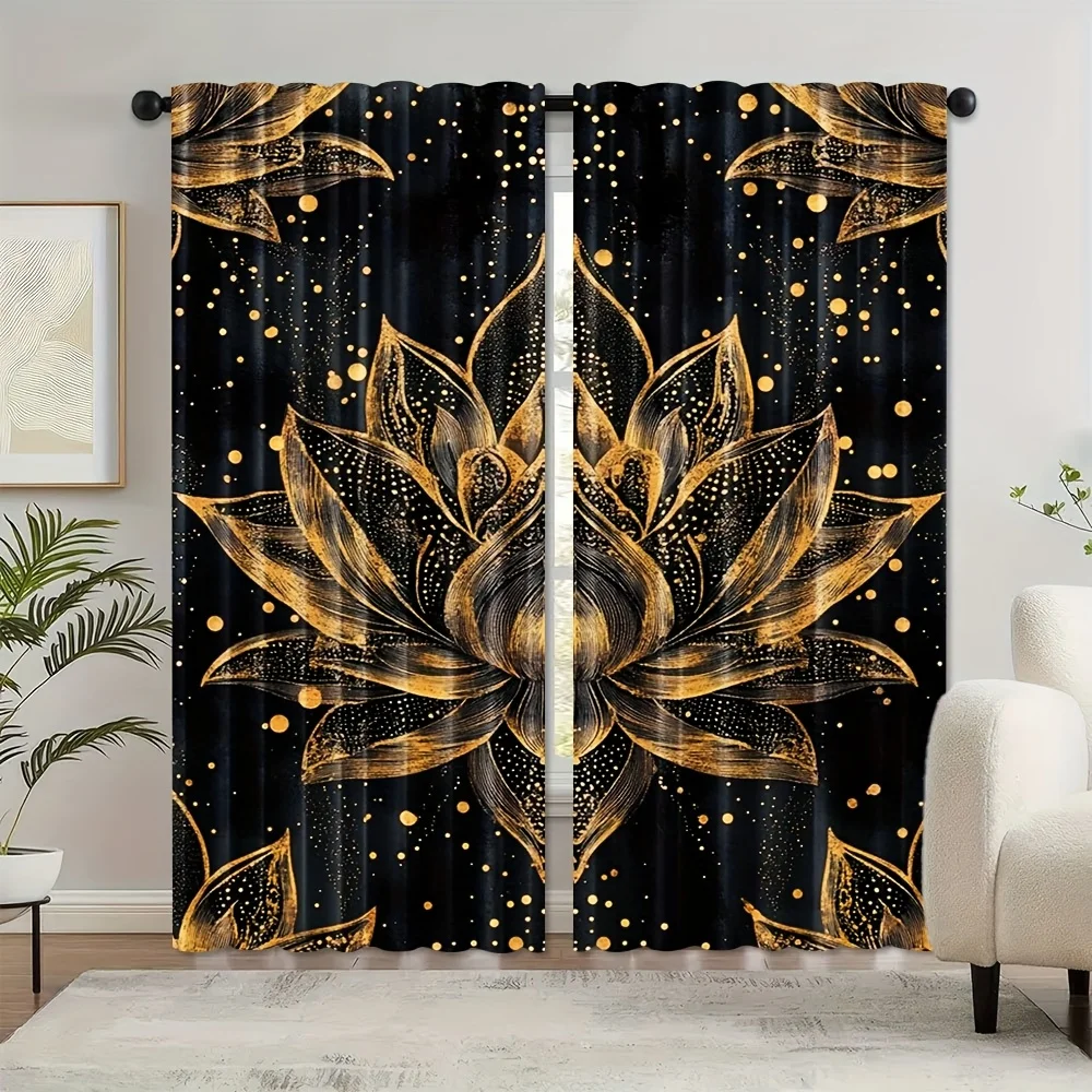 Golden Lotus Curtain Panels,Gilded Lotus Flower Gold Dot Black Background Print Drapes for Zen Bedroom Elegant Living Room Decor