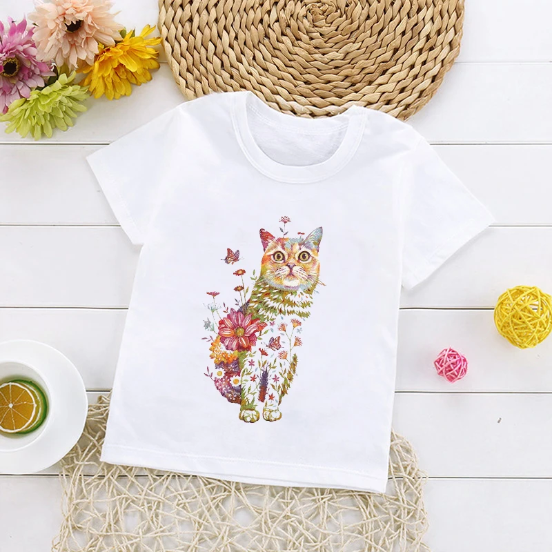 

2022 Summer New Fashion Boys Girls Casual Tops Tee Flowers Cute Cat Graphic Printed Children T-shirt Short Sleeve Kids Tshirts